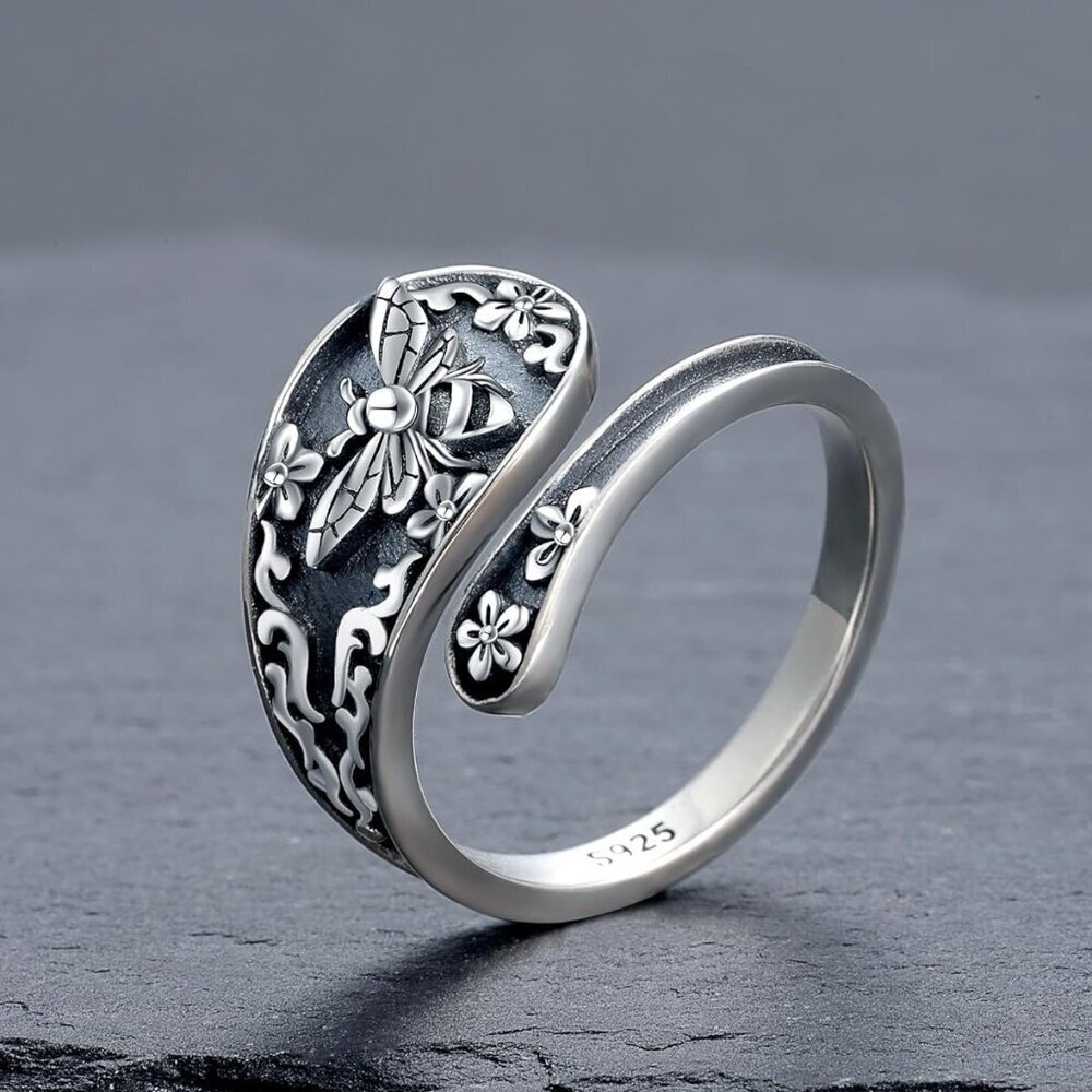 Sterling Silver Adjustable Vintage Spoon Ring Women Bee Sunflower Gift - Picture 4 of 5